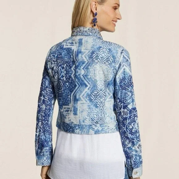 Chico's beaded artisan mixed-print cropped denim jacket blue & white Sz 2 (L/12) - Picture 2 of 15